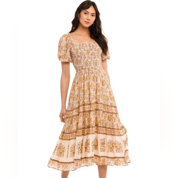 Anthropologie Kindred Shirred Puff Sleeves Midi Dress In Cream Floral Print Sz S - Picture 1 of 9